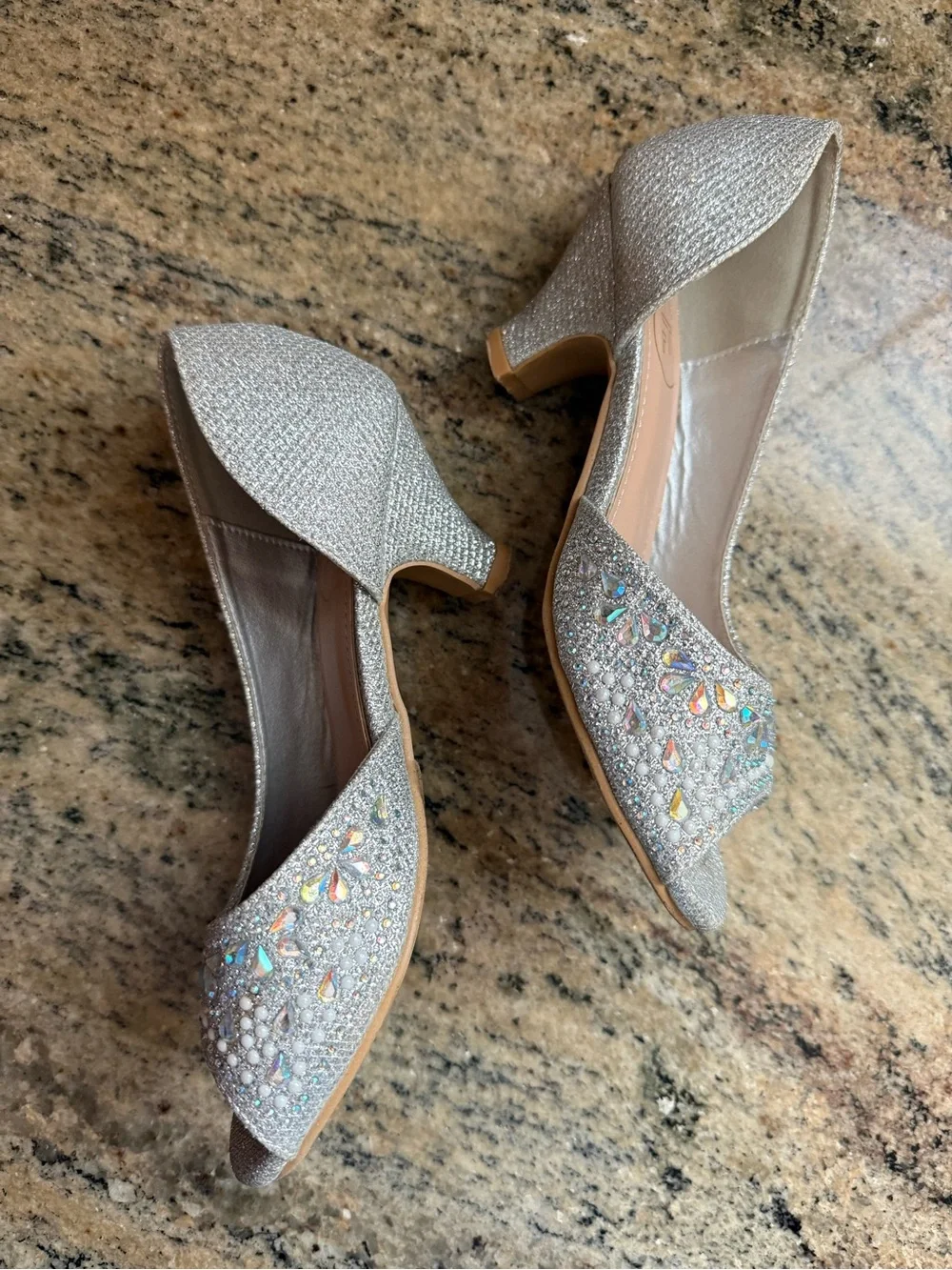 Girls' Fancy Silver Sparkle Rhinestone Embellished Open-Toe Dress Heels | Size 1